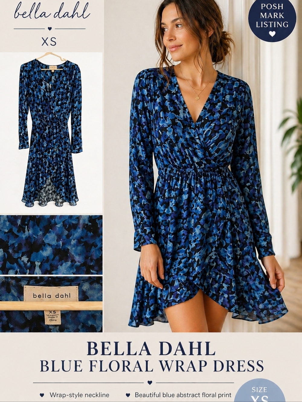 Bella Dahl Blue and Black Floral Wrap Dress